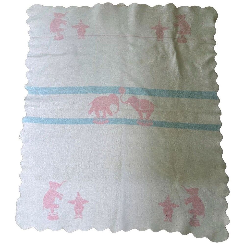 Vintage 1960s Baby Blanket Reversible Circus Clowns Elephants Pink Blue White